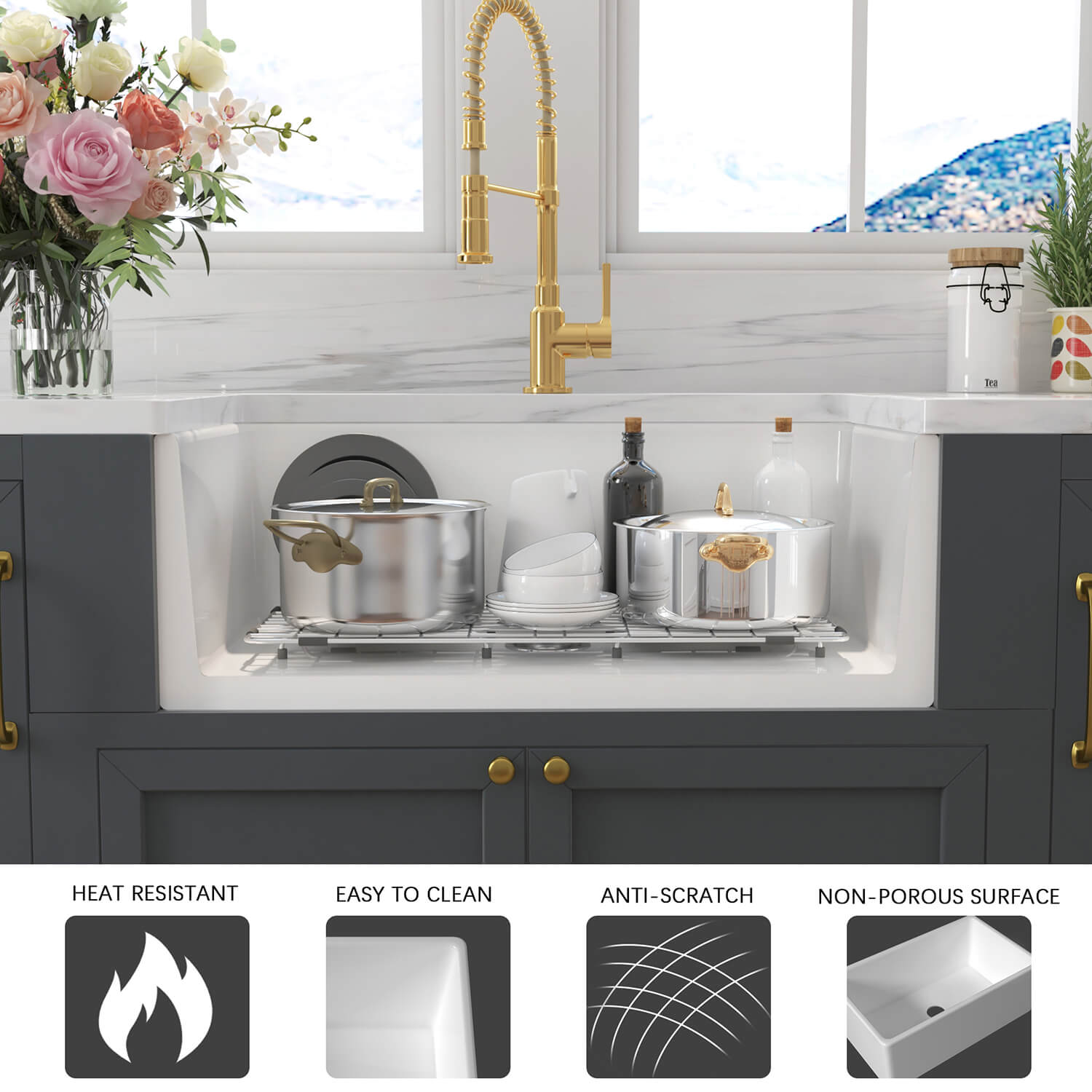 Popular Design CUPC Rectangular Single Bowl Ceramic Farmhouse Apron Front Kitchen Sink 30 L x 20 W Farmhouse Kitchen Sink FKS3020R 11 Popular Design CUPC Rectangular Single Bowl Ceramic Farmhouse Apron Front Kitchen Sink - الصورة 7
