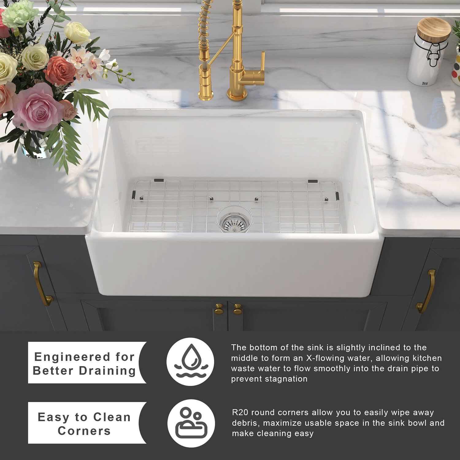 Popular Design CUPC Rectangular Single Bowl Ceramic Farmhouse Apron Front Kitchen Sink 30 L x 20 W Farmhouse Kitchen Sink FKS3020R 3 Popular Design CUPC Rectangular Single Bowl Ceramic Farmhouse Apron Front Kitchen Sink - الصورة 9