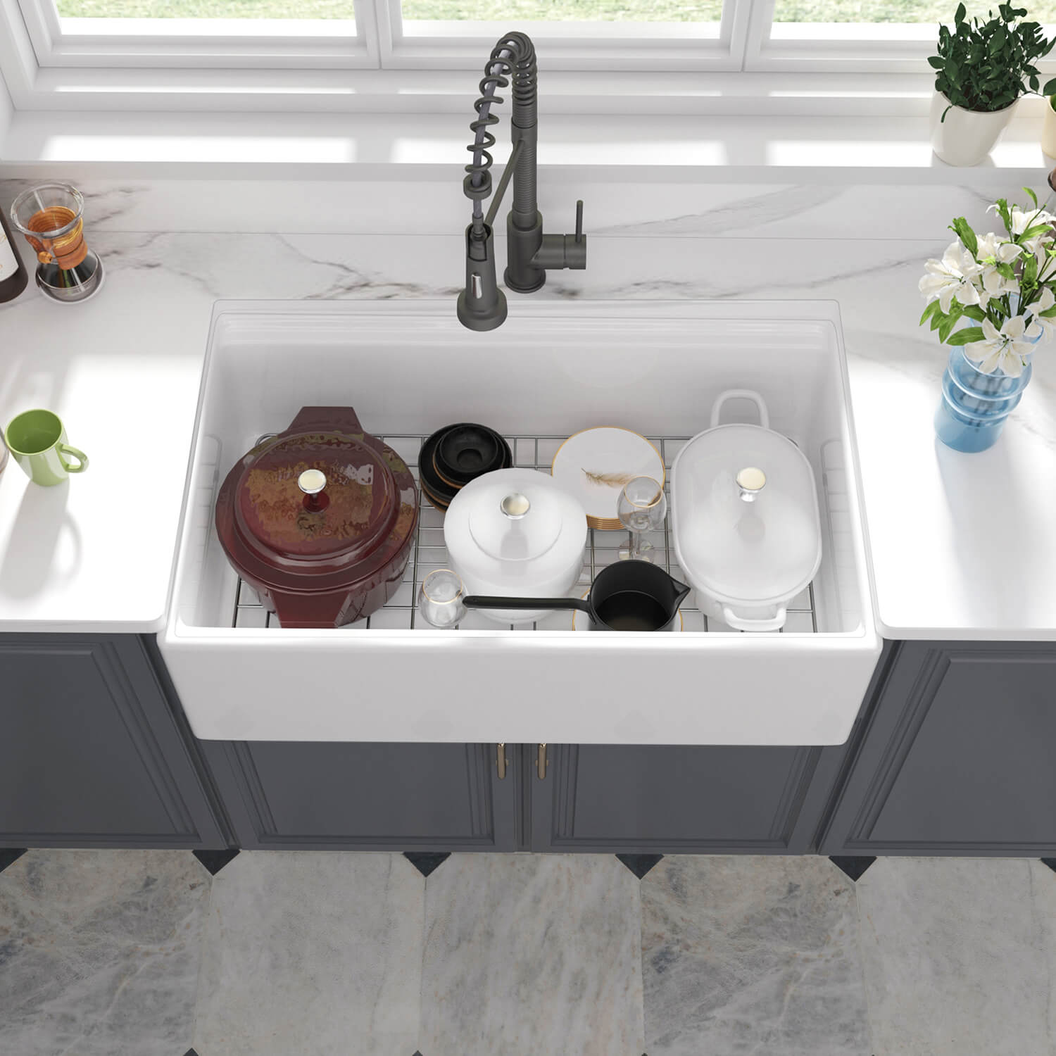 Popular Design CUPC Rectangular Single Bowl Ceramic Farmhouse Apron Front Kitchen Sink 33 L x 20 W Farmhouse Kitchen Sink FKS3320R 3 Popular Design CUPC Rectangular Single Bowl Ceramic Farmhouse Apron Front Kitchen Sink - الصورة 6