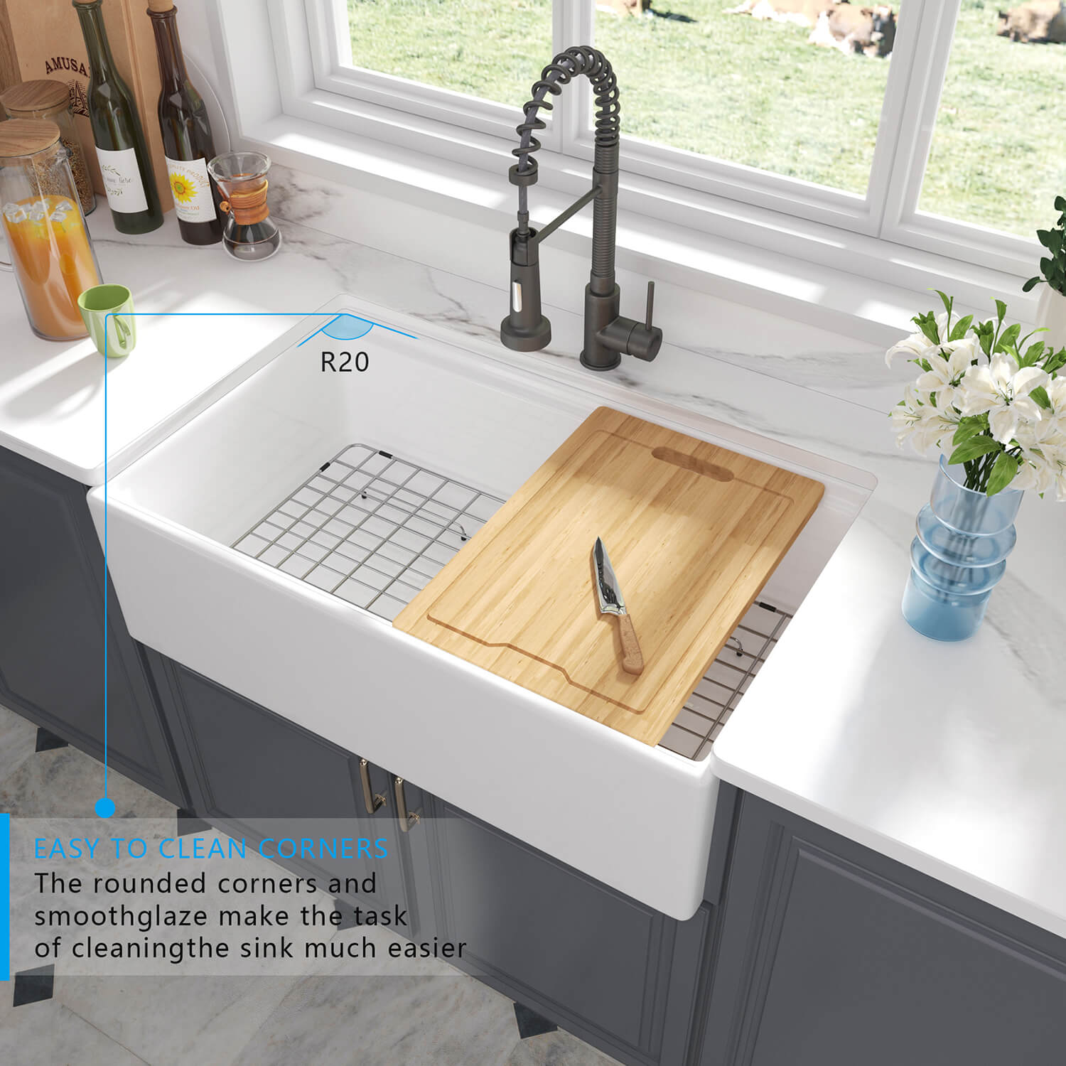 Popular Design CUPC Rectangular Single Bowl Ceramic Farmhouse Apron Front Kitchen Sink 33 L x 20 W Farmhouse Kitchen Sink FKS3320R 5 Popular Design CUPC Rectangular Single Bowl Ceramic Farmhouse Apron Front Kitchen Sink - الصورة 5