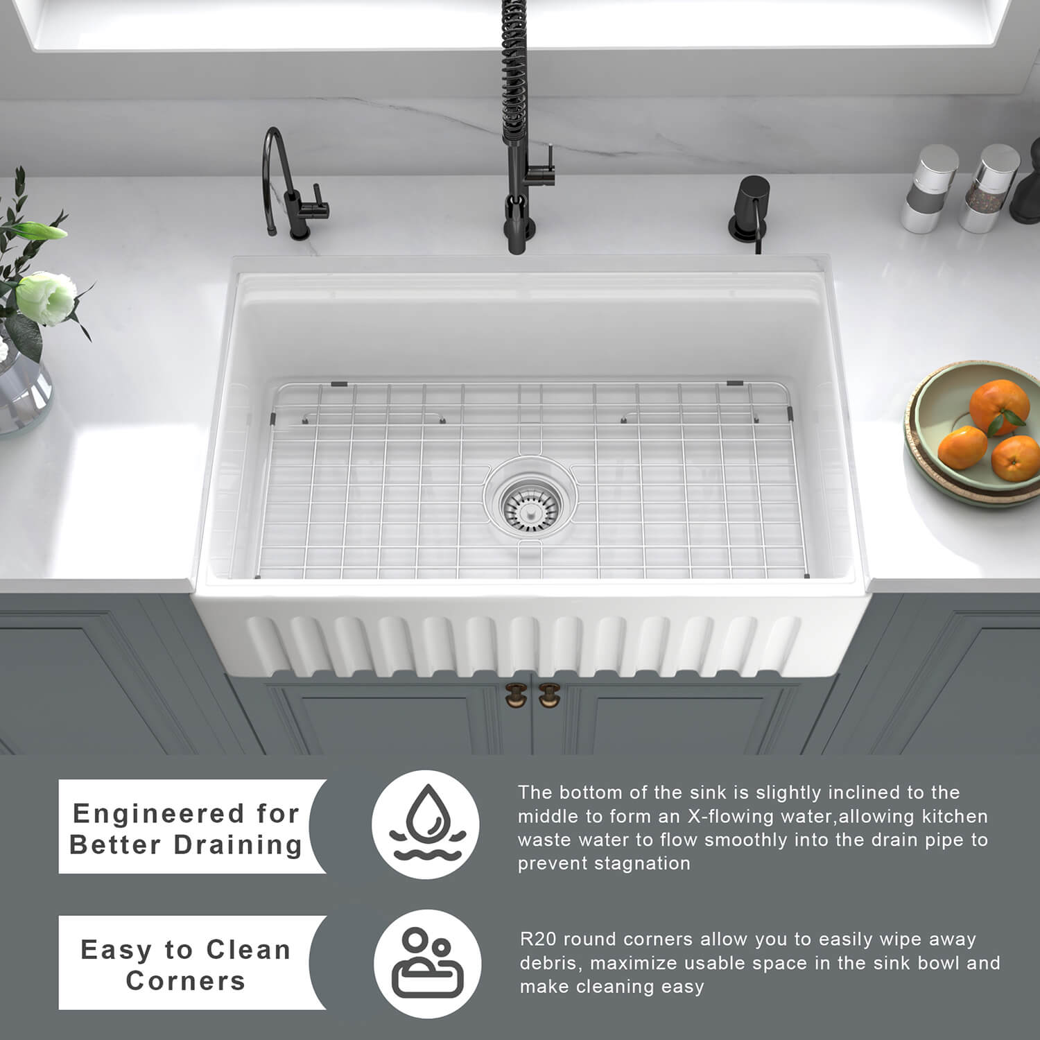 Popular Design CUPC Rectangular Single Bowl Ceramic Farmhouse Apron Front Kitchen Sink 33 L x 20 W Farmhouse Kitchen Sink FKS3320R 9 Popular Design CUPC Rectangular Single Bowl Ceramic Farmhouse Apron Front Kitchen Sink - الصورة 3