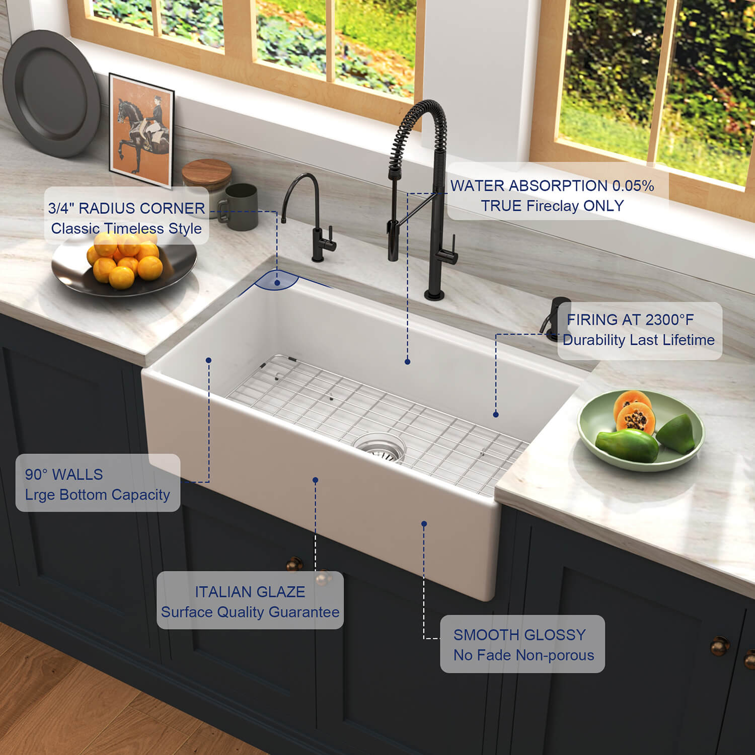 Popular Design CUPC Rectangular Single Bowl Ceramic Farmhouse Apron Front Kitchen Sink 36 L x 20 W Farmhouse Kitchen Sink FKS3620 6 Popular Design CUPC Rectangular Single Bowl Ceramic Farmhouse Apron Front Kitchen Sink - الصورة 11