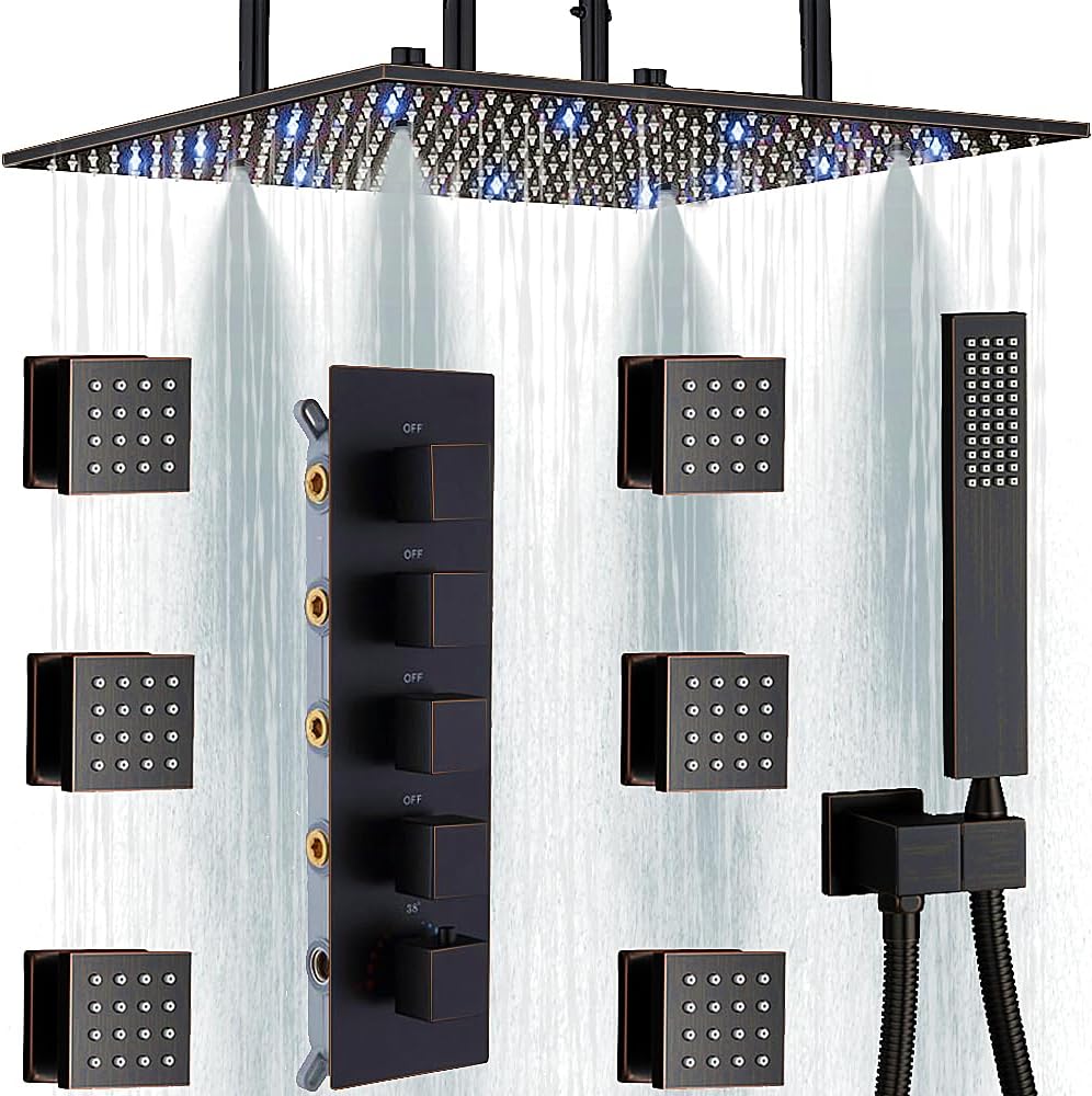 4 Settings Handheld Filter Shower Head Led Set Wall Mount Shower Concealed Set Black Faucet Shower System with Mist