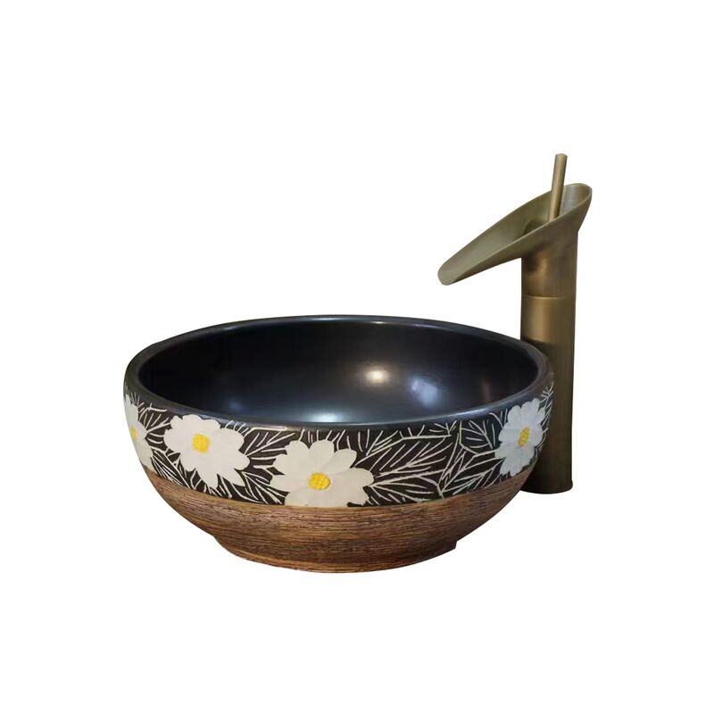 Classic Vintage Rose Lotus Brown Sanitary Ware Hand Painted Countertop Rustic Bathroom Sink Ceramic Wash Art Basin with Drainer Classic Vintage Rose Lotus Brown Sanitary Classic Vintage Rose Lotus Brown Sanitary Ware Hand Painted Countertop Rustic Bathroom Sink Ceramic Wash Art Basin with Drainer
