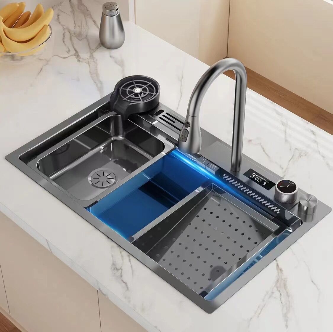 Atacado LED Display Digital Cachoeira Pia de Cozinha com Conjunto Completo de Acessórios SUS304 Aço Inoxidável Pia Durável Multifuncional Única Tigela Grande Pia de cozinha em cascata com display digital LED por atacado com conjunto completo de acessórios Pia de aço inoxidável SUS304 durável multifuncional única tigela grande