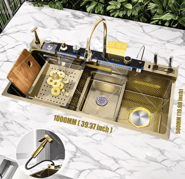 Golden Stainless Steel Waterfall Kitchen Sink Multifunctional Large Single Slot Digital Display Dishwashing Sinks Golden Stainless Steel Waterfall Kitchen Sink Golden Stainless Steel Waterfall Kitchen Sink Multifunctional Large Single Slot Digital Display Dishwashing Sinks