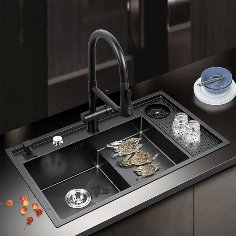 High and Low Step Wash Multi-function Large Handmade Sus304 Steel Kitchen Sink with Cup Washer High and Low Step Wash Multi High and Low Step Wash Multi-function Large Handmade Sus304 Steel Kitchen Sink with Cup Washer