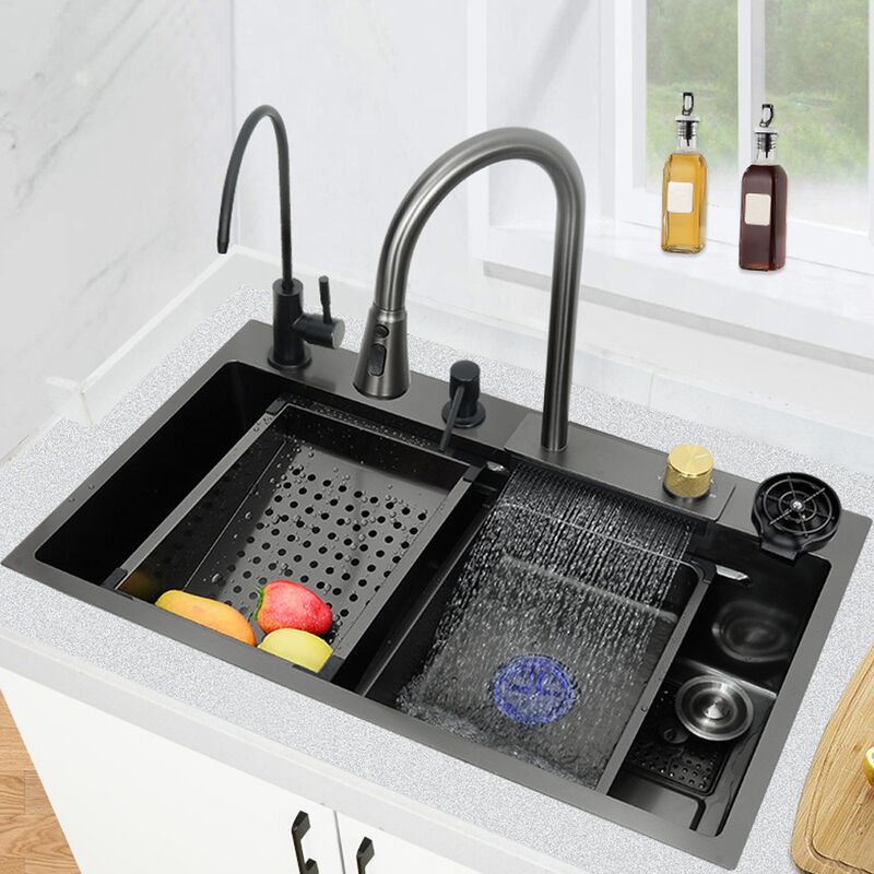 Hot Sale Stainless Steel Deep Basin Nano Double Bowl Undermount Handmade Black Kitchen Sink Hot Selling Waterfall Kitchen Sink Handmade Hot Sale Stainless Steel Deep Basin Nano Double Bowl Undermount Handmade Black Kitchen Sink