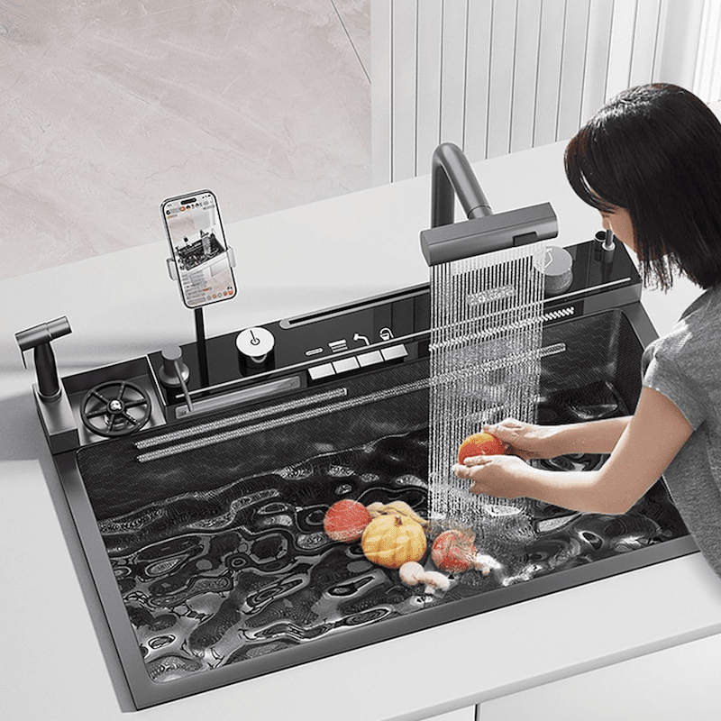Luxurious Intelligent Single Waterfall Sink 304 Stainless Steel Multi -Functional Workstation Sink with Mobile Phone Bracket Luxurious Intelligent Single Waterfall Sink 304 Luxurious Intelligent Single Waterfall Sink 304 Stainless Steel Multi -Functional Workstation Sink with Mobile Phone Bracket