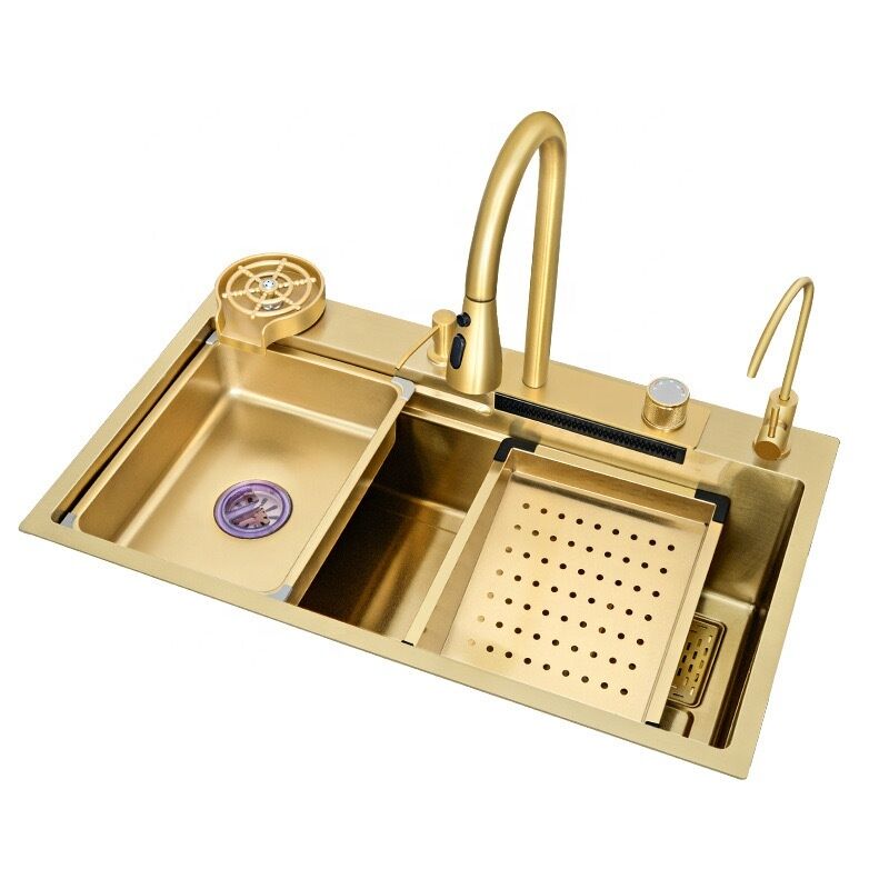Luxury Gold Stainless Steel Single Bowl Kitchen Sink with Waterfall Faucet Commercial Grade 304 Extra Large Undermount Design Luxury Gold Stainless Steel Single Bowl Luxury Gold Stainless Steel Single Bowl Kitchen Sink with Waterfall Faucet Commercial Grade 304 Extra Large Undermount Design