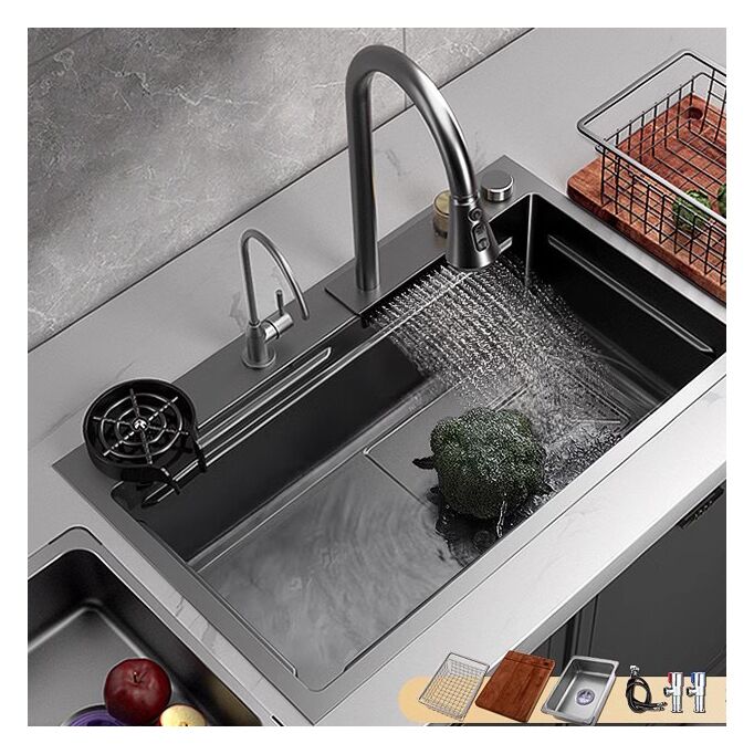 Kitchen Sinks Multifunction Sink Kitchen Waterfall 304 Stainless Steel Smart Kitchen Sinks Luxury Hidden Black Modern Kitchen Sinks Kitchen Sinks Multifunction Sink Kitchen Waterfall 304 Stainless Steel Smart Kitchen Sinks