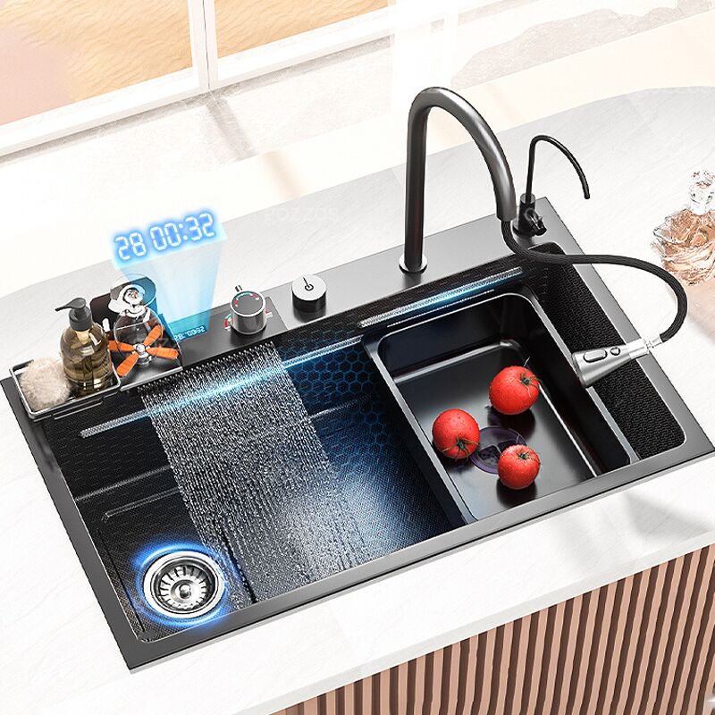 Luxury Modern Black Stainless Steel Kitchen Digital Sink with Rack Cup Washer and Waterfall Faucet for Hotel Kitchen Luxury Modern Black Stainless Steel Kitchen Luxury Modern Black Stainless Steel Kitchen Digital Sink with Rack Cup Washer and Waterfall Faucet for Hotel Kitchen