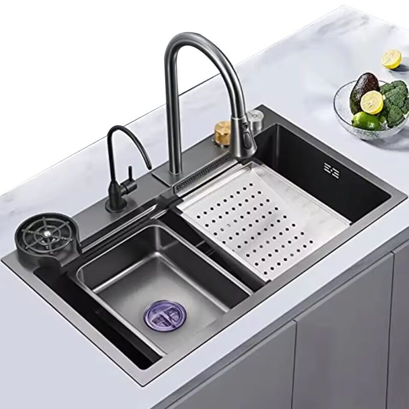 Modern Fashion Sus304 Waterfall Multifunction Smart Stainless Steel Sink Glass Rinser Kitchen Sinks Modern Fashion Sus304 Waterfall Multifunction Smart Modern Fashion Sus304 Waterfall Multifunction Smart Stainless Steel Sink Glass Rinser Kitchen Sinks