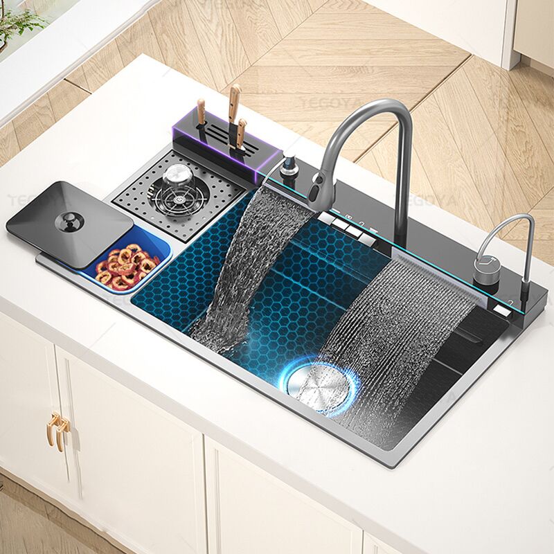 Multifunctional Black Kitchen Stainless Steel Sink with Waterfall Faucet and Garbage Blow for Hotel Kitchen Multifunctional Black Kitchen Stainless Steel Sink Multifunctional Black Kitchen Stainless Steel Sink with Waterfall Faucet and Garbage Blow for Hotel Kitchen