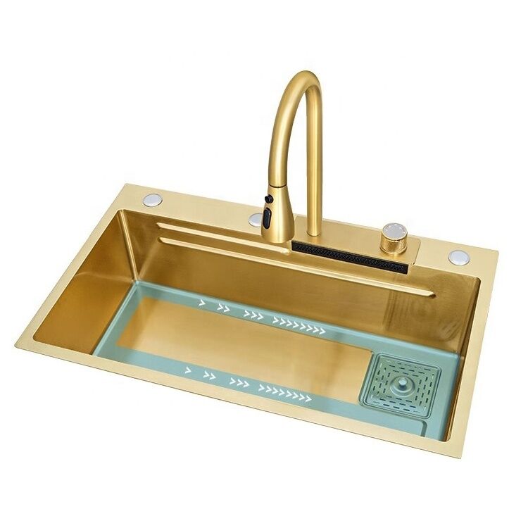 Nano Golden Handmade Thickened Stainless Steel Smart Kitchen Sinks Large Single Bowl Waterfall Kitchen Sink Nano Golden Handmade Thickened Stainless Steel Nano Golden Handmade Thickened Stainless Steel Smart Kitchen Sinks Large Single Bowl Waterfall Kitchen Sink