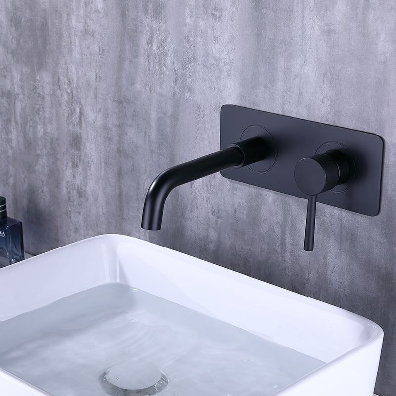 Torneira de parede com alça única para banheiro de hotel Torneira de pia de água quente e fria Torneira de alça única Preto fosco Design elegante para banheiro Royal Bica longa Torneiras de parede de latão dourado escovado 4 Wall Mounted Faucet Single Handle Hotel Bathroom Basin Faucet Hot Cold Mixer Tap - Imagem 8