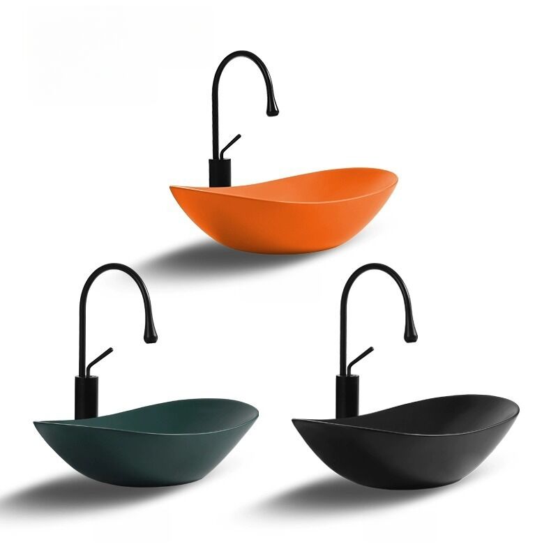 Table Top Mounted  Ceramic Colorful Bathroom Sink Oval Boat Shape Wash Hand Basins for Hotel