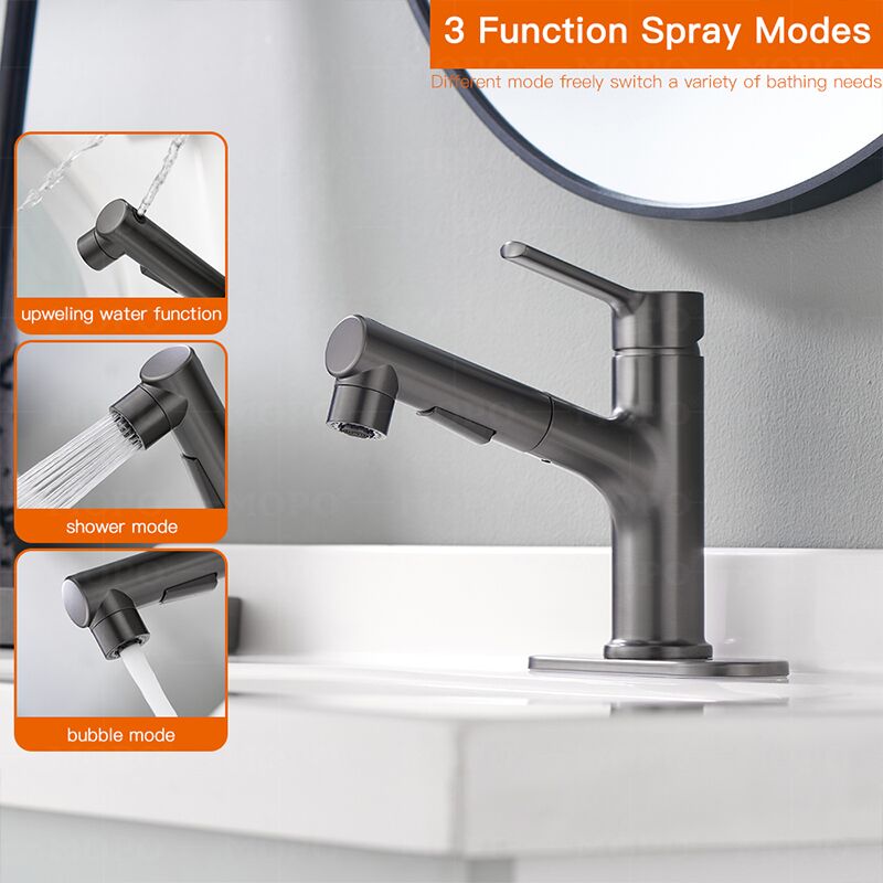 MOPO Wholesale Bathroom Faucet with Pull-Out Spray, with Draw Out Nozzle, Three Water Flow Patterns, Brass Bathroom Sink Faucet, Modern Bathroom Faucet brushed grey basinmixer taps MOPO Wholesale Bathroom Faucet with Pull-Out Spray, with Draw Out Nozzle, Three Water Flow Patterns, Brass Bathroom Sink Faucet, Modern Bathroom Faucet - Imagen 9
