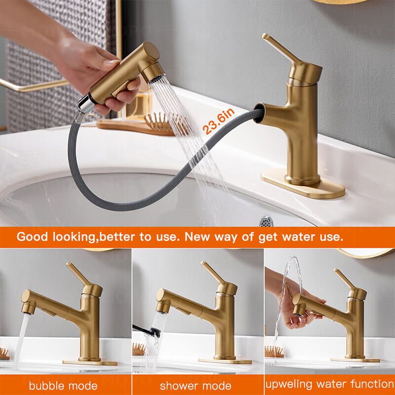 Factory Direct Sales 3 Models Bathroom Pull-Out Faucet With Swivel Spout, Single Handle Modern Bathroom Faucet With Pull-Down Spray single handle water taps Drip-free ceramic cartridge is made of quality ceramic, resistant to temperature extremes and reduces leak points.
